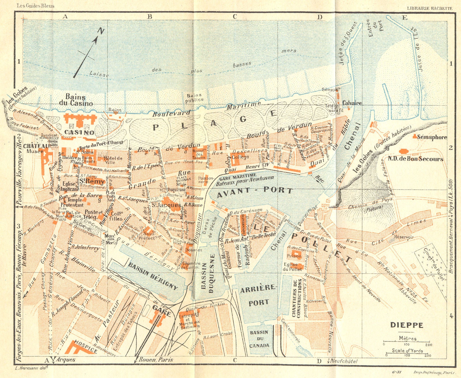 FRANCE. Dieppe 1932 old vintage map plan chart
